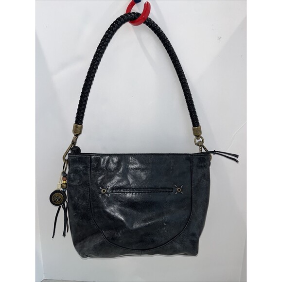The Sak Handbags - The Sak Indio Black Vintage Finish Leather Hobo Boho Shoulder Bag‎ Charm Braided